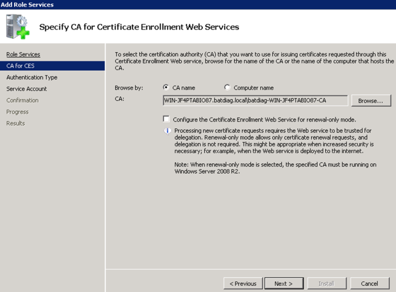 Specify CA for certificate Enrollment Web Services